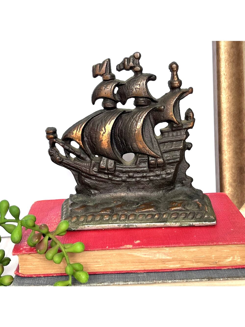 VTG Heavy Cast Iron Galleon Clipper Ship Bookend Doorstop Copper Bronze Rustic